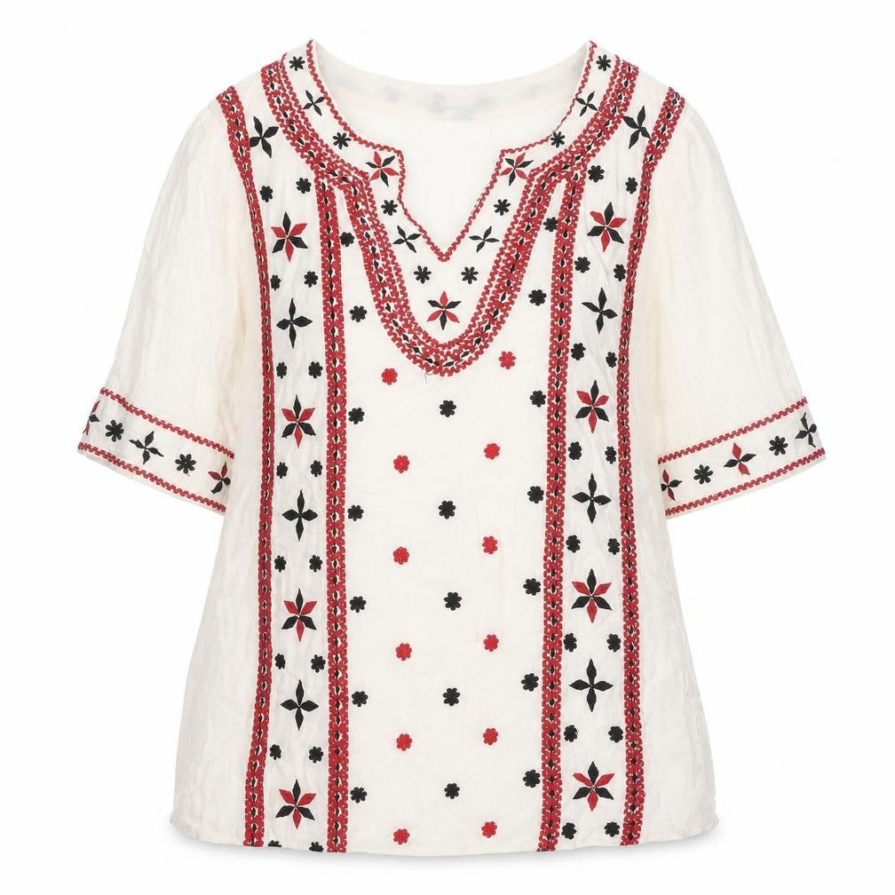 Front view of Marks & Spencer women’s ivory geometric polyester basic blouse, size XS, v-neck - embroidery