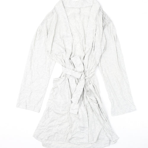 Marks and Spencer Womens Grey Solid Cotton Kimono Gown Size S Tie - Lace Detail