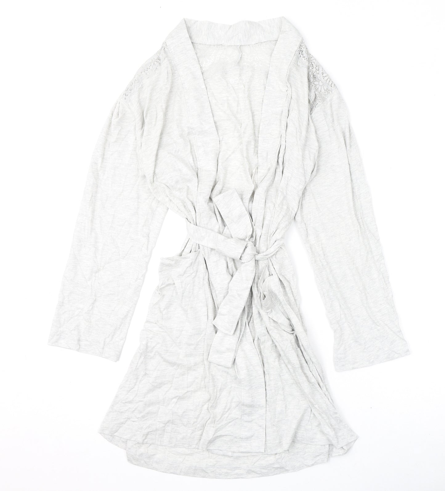 Marks and Spencer Womens Grey Solid Cotton Kimono Gown Size S Tie - Lace Detail