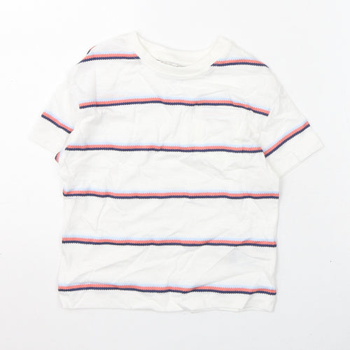 Marks and Spencer Boys White Striped Cotton Basic T-Shirt Size 2-3 Years Round Neck Pullover