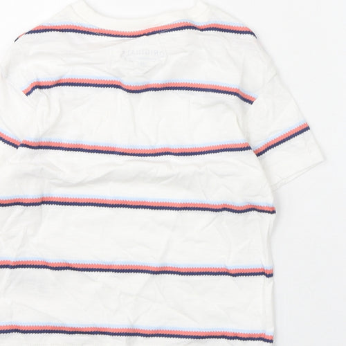 Marks and Spencer Boys White Striped Cotton Basic T-Shirt Size 2-3 Years Round Neck Pullover