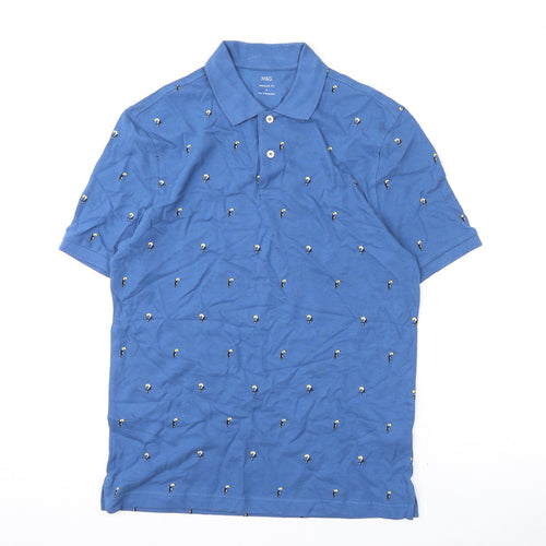 Marks and Spencer Mens Blue Geometric Cotton Polo Size S Collared Button - Toucans