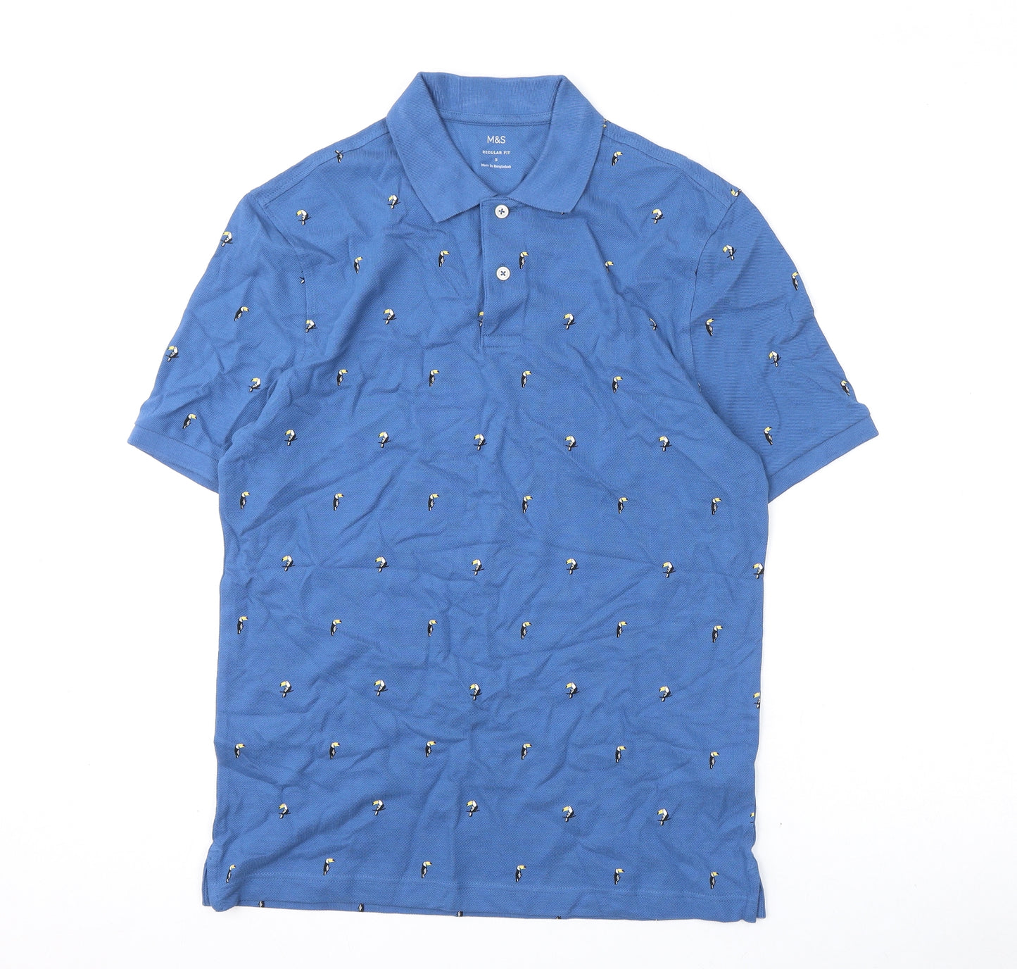 Marks and Spencer Mens Blue Geometric Cotton Polo Size S Collared Button - Toucans