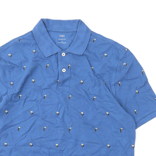 Marks and Spencer Mens Blue Geometric Cotton Polo Size S Collared Button - Toucans