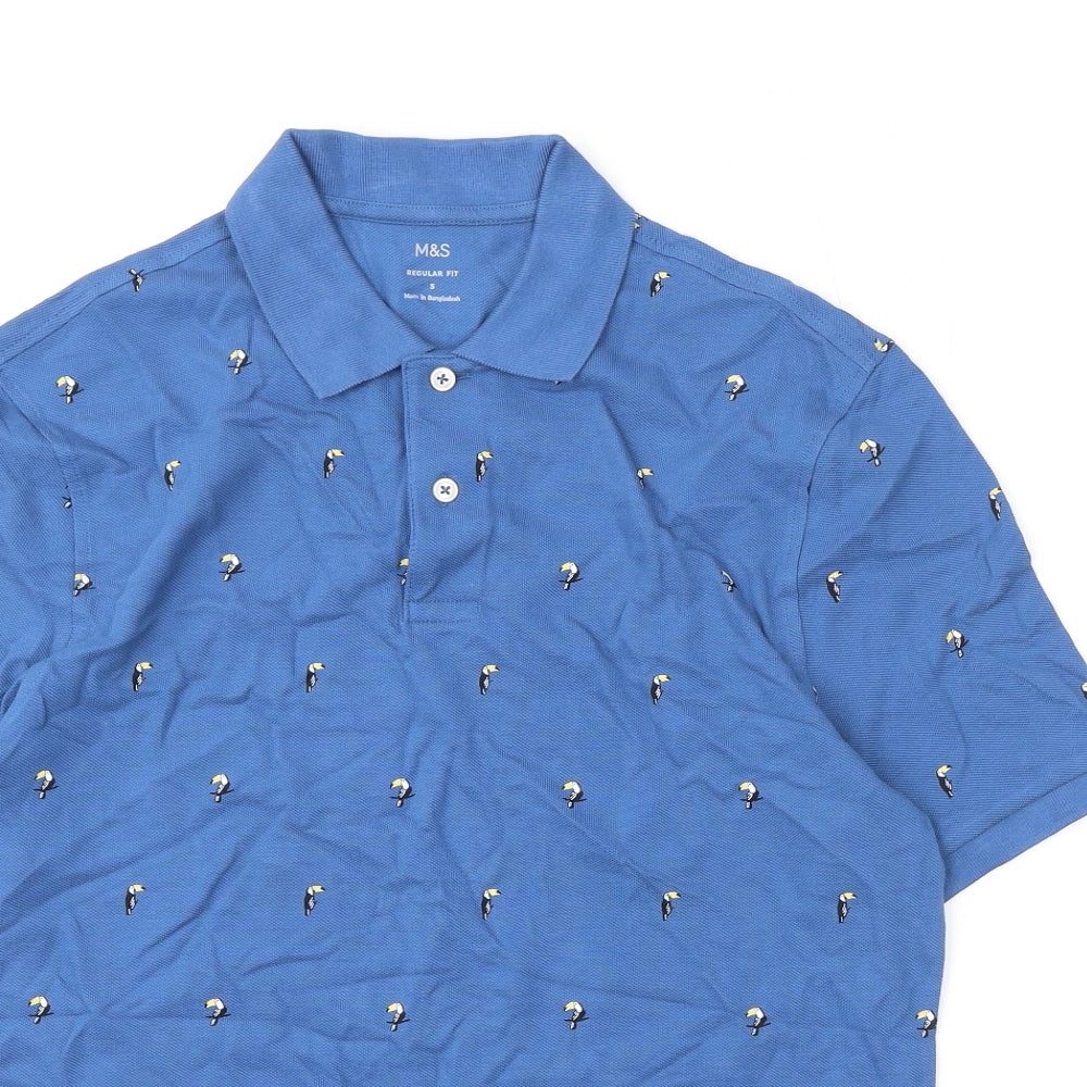Marks and Spencer Mens Blue Geometric Cotton Polo Size S Collared Button - Toucans