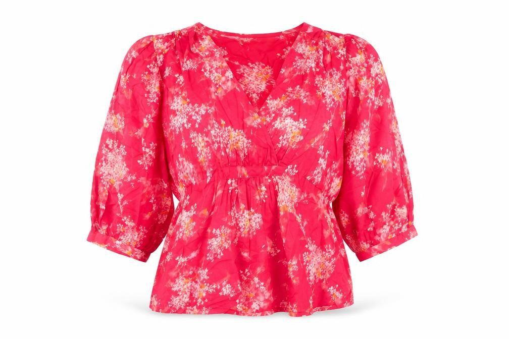 Front view of Per Una women’s pink floral polyester basic blouse, size S, v-neck