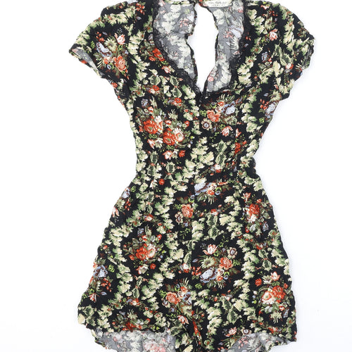 Miss Selfridge Womens Black Floral Viscose Romper One-Piece Size 10 Button - Lace Trim, Cut Out Back