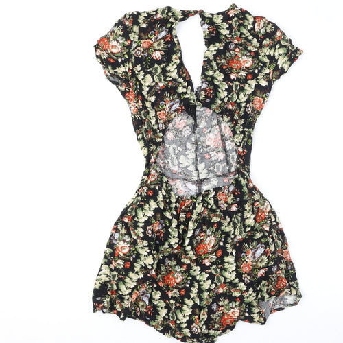 Miss Selfridge Womens Black Floral Viscose Romper One-Piece Size 10 Button - Lace Trim, Cut Out Back