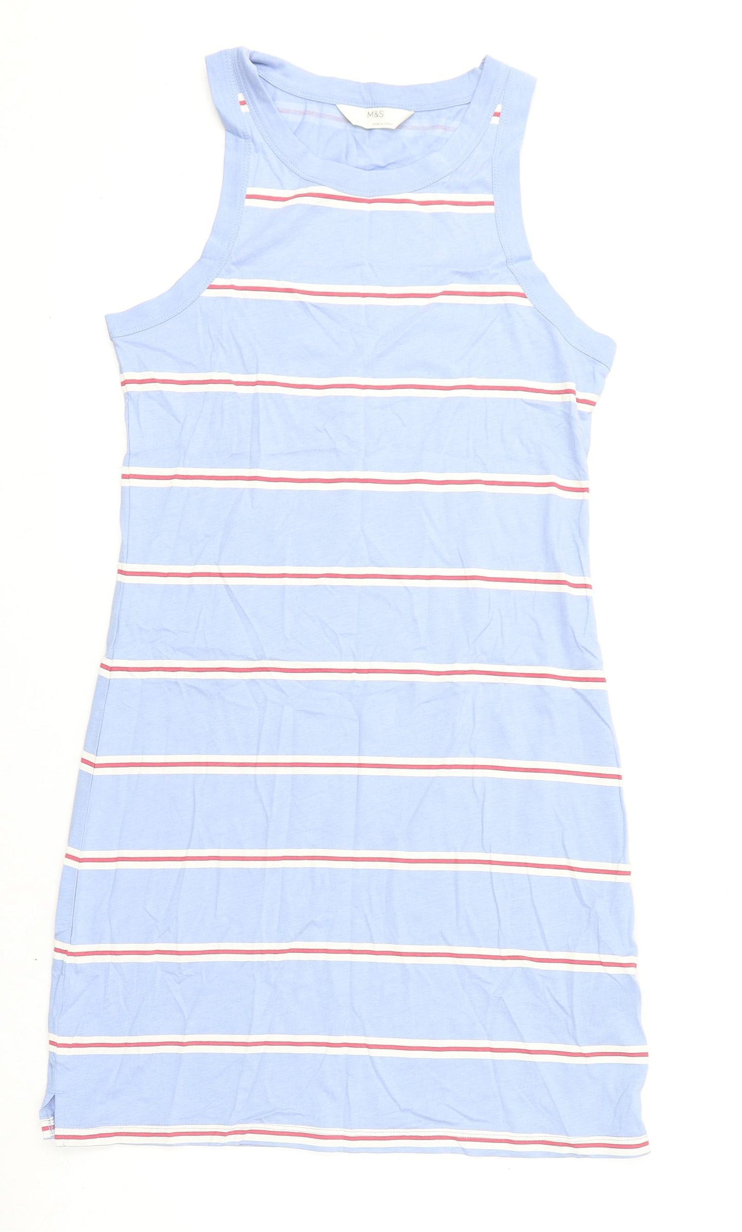 Marks and Spencer Womens Blue Striped Cotton Tank Dress Size S Round Neck Pullover