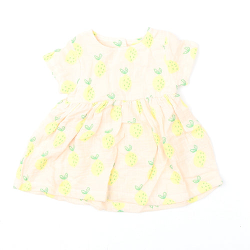 Marks and Spencer Girls Pink Geometric 100% Cotton A-Line Size 3-6 Months Round Neck Button - Lemons