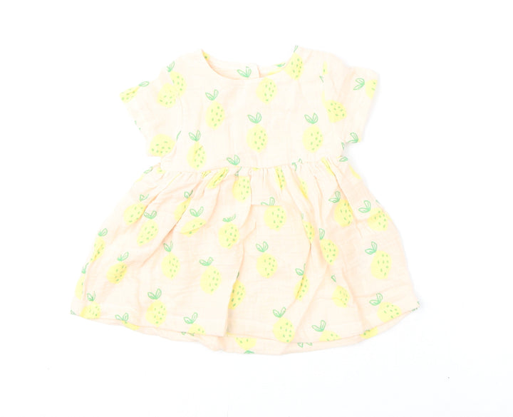 Marks and Spencer Girls Pink Geometric 100% Cotton A-Line Size 3-6 Months Round Neck Button - Lemons