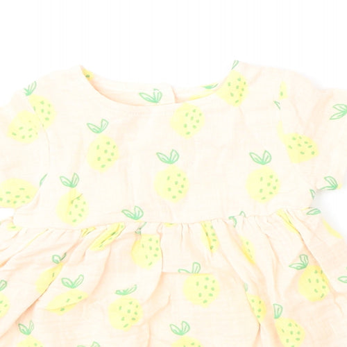 Marks and Spencer Girls Pink Geometric 100% Cotton A-Line Size 3-6 Months Round Neck Button - Lemons