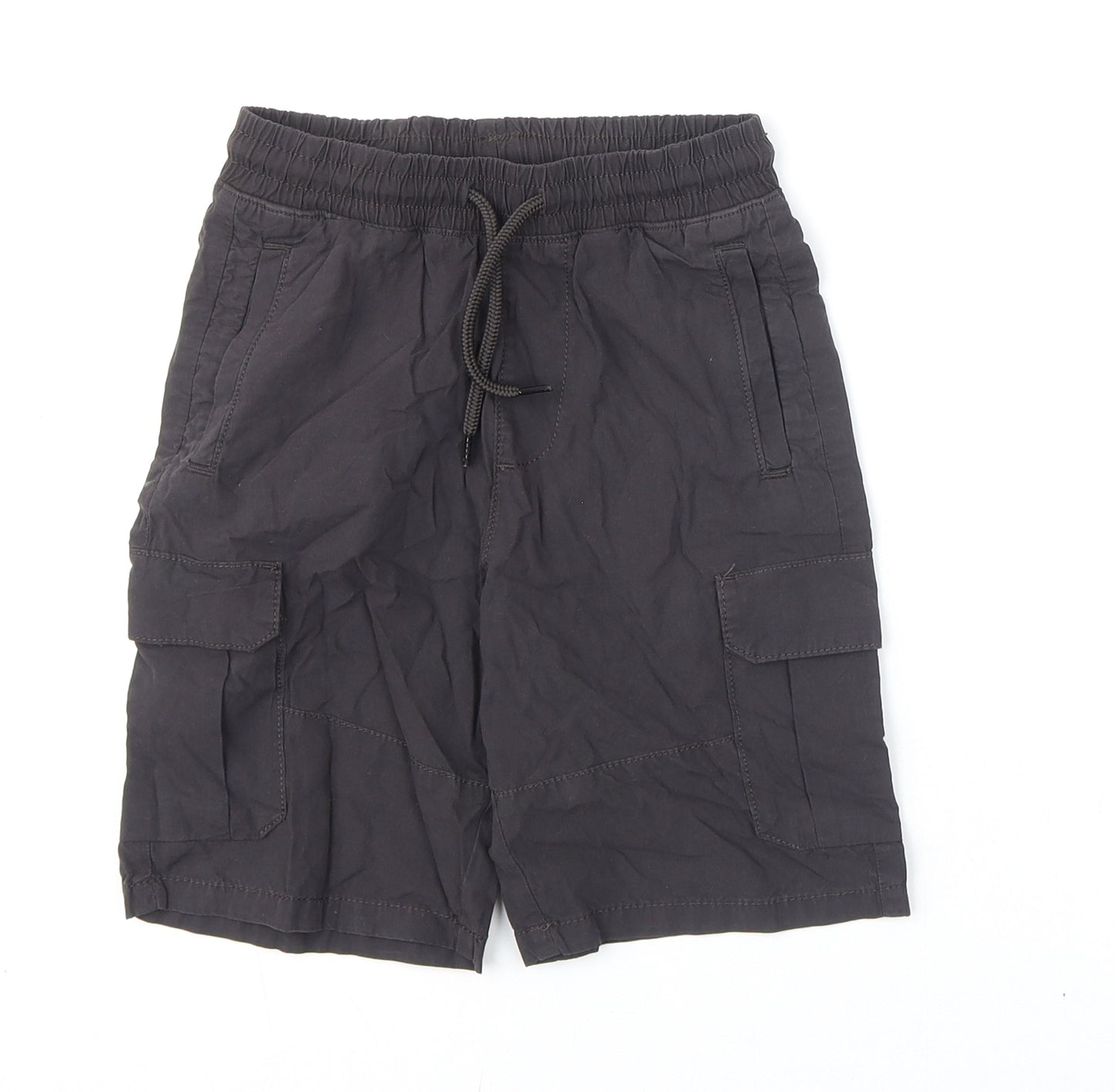 Marks and Spencer Boys Black Cotton Cargo Shorts Size 6-7 Years L6 in Regular Drawstring