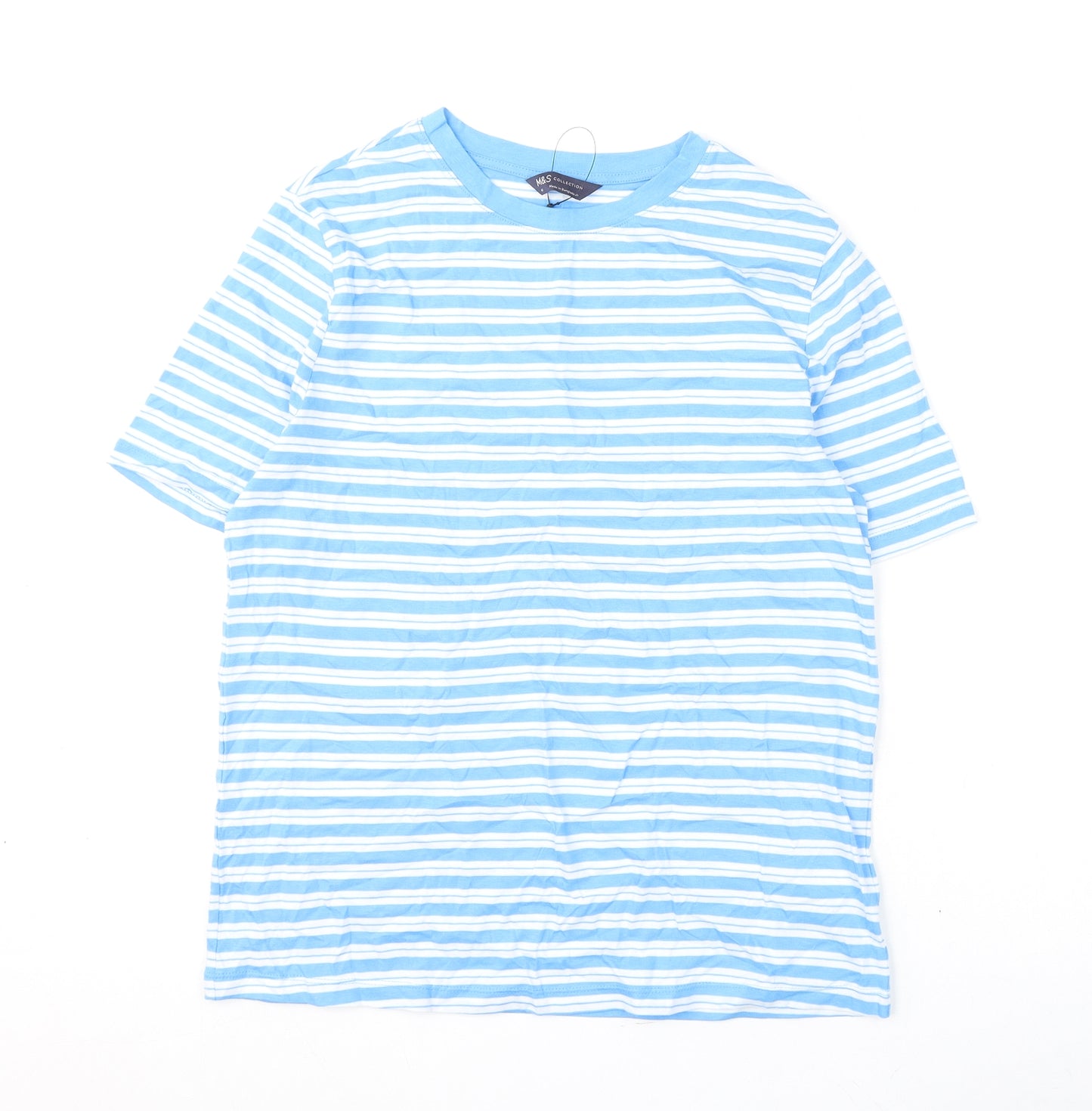 Marks and Spencer Womens Blue Striped Cotton Basic T-Shirt Size 10 Round Neck