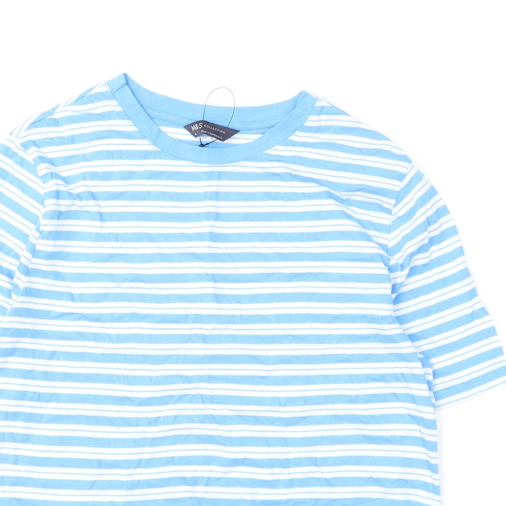 Marks and Spencer Womens Blue Striped Cotton Basic T-Shirt Size 10 Round Neck
