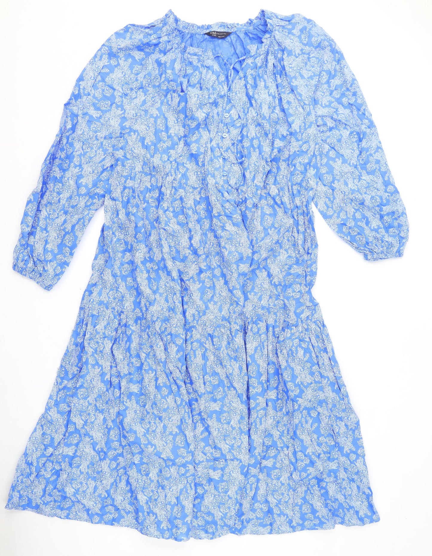 Marks and Spencer Womens Blue Geometric Polyester A-Line Size 20 V-Neck Pullover - Tie Detail
