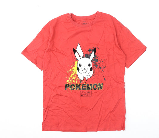 Marks and Spencer Boys Red Cotton Basic T-Shirt Size 13-14 Years Round Neck Pullover - Pokemon, Pikachu