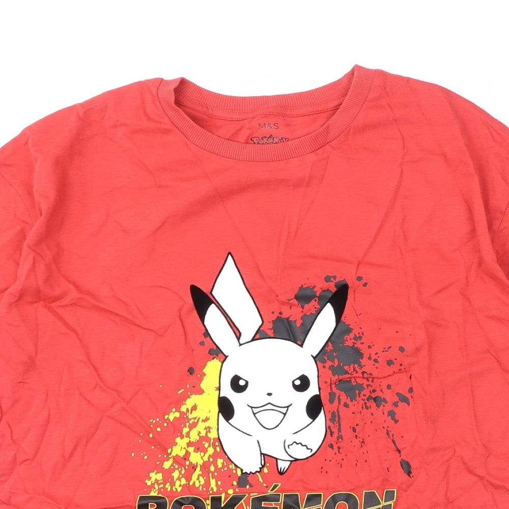 Marks and Spencer Boys Red Cotton Basic T-Shirt Size 13-14 Years Round Neck Pullover - Pokemon, Pikachu