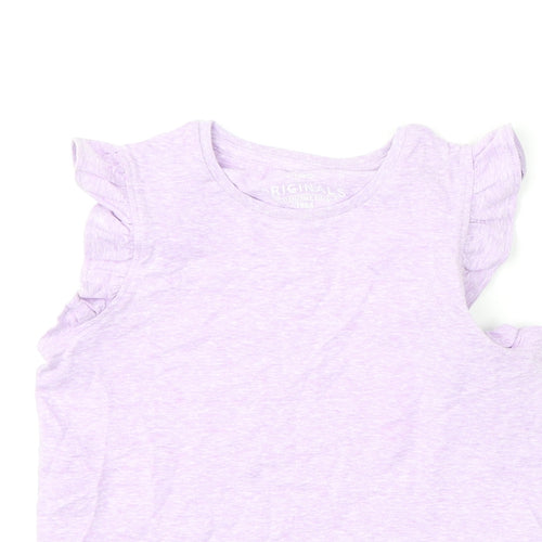 Marks and Spencer Girls Purple Polyester Basic T-Shirt Size 5-6 Years Round Neck Pullover - Ruffled Shoulder