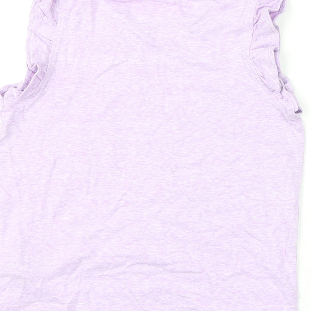 Marks and Spencer Girls Purple Polyester Basic T-Shirt Size 5-6 Years Round Neck Pullover - Ruffled Shoulder