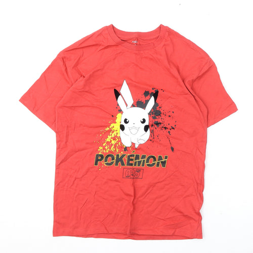 Marks and Spencer Boys Red Cotton Basic T-Shirt Size 12-13 Years Round Neck Pullover - Pokemon, Pikachu