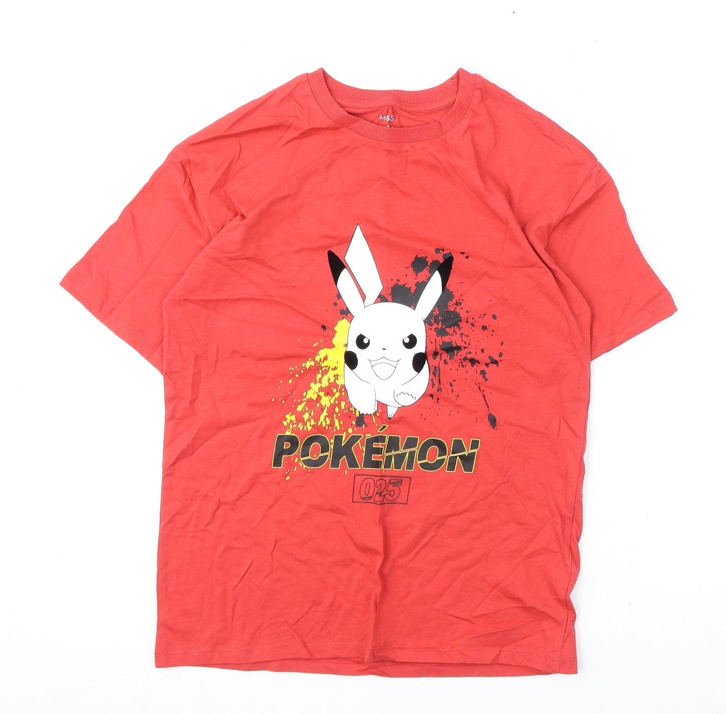 Marks and Spencer Boys Red Cotton Basic T-Shirt Size 12-13 Years Round Neck Pullover - Pokemon, Pikachu