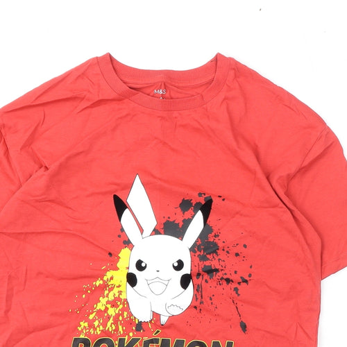 Marks and Spencer Boys Red Cotton Basic T-Shirt Size 12-13 Years Round Neck Pullover - Pokemon, Pikachu