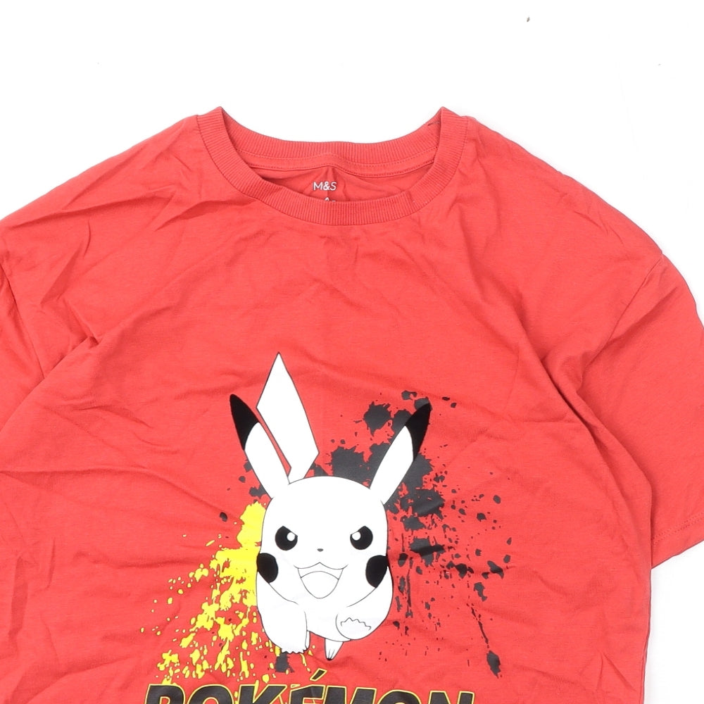 Marks and Spencer Boys Red Cotton Basic T-Shirt Size 12-13 Years Round Neck Pullover - Pokemon, Pikachu