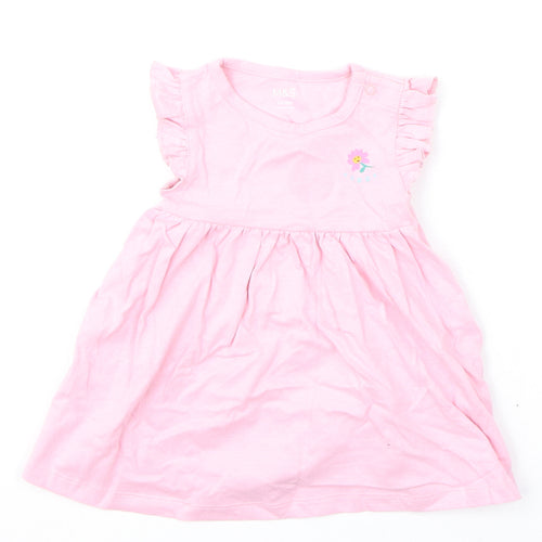 Marks and Spencer Girls Pink Cotton A-Line Size 3-6 Months Round Neck Snap - Flower, Happy, Ruffled Sleeve