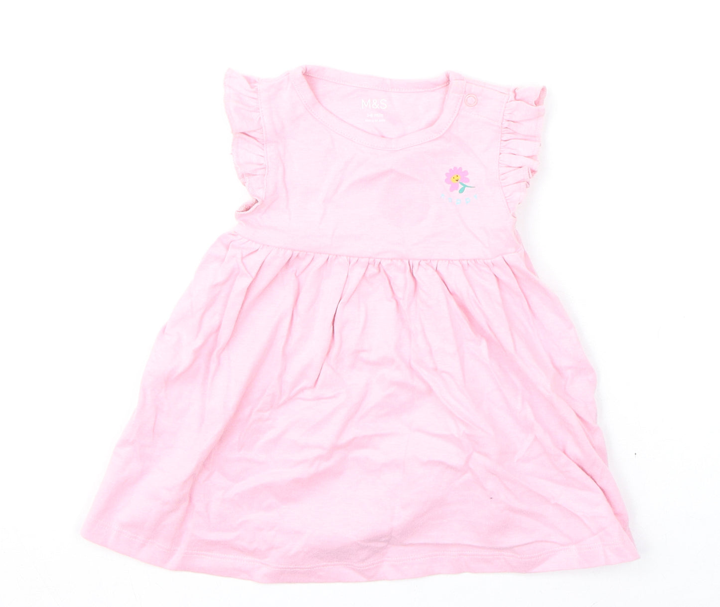 Marks and Spencer Girls Pink Cotton A-Line Size 3-6 Months Round Neck Snap - Flower, Happy, Ruffled Sleeve