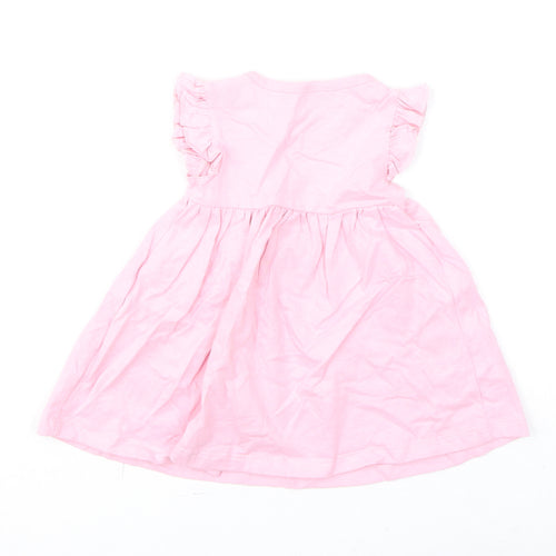 Marks and Spencer Girls Pink Cotton A-Line Size 3-6 Months Round Neck Snap - Flower, Happy, Ruffled Sleeve
