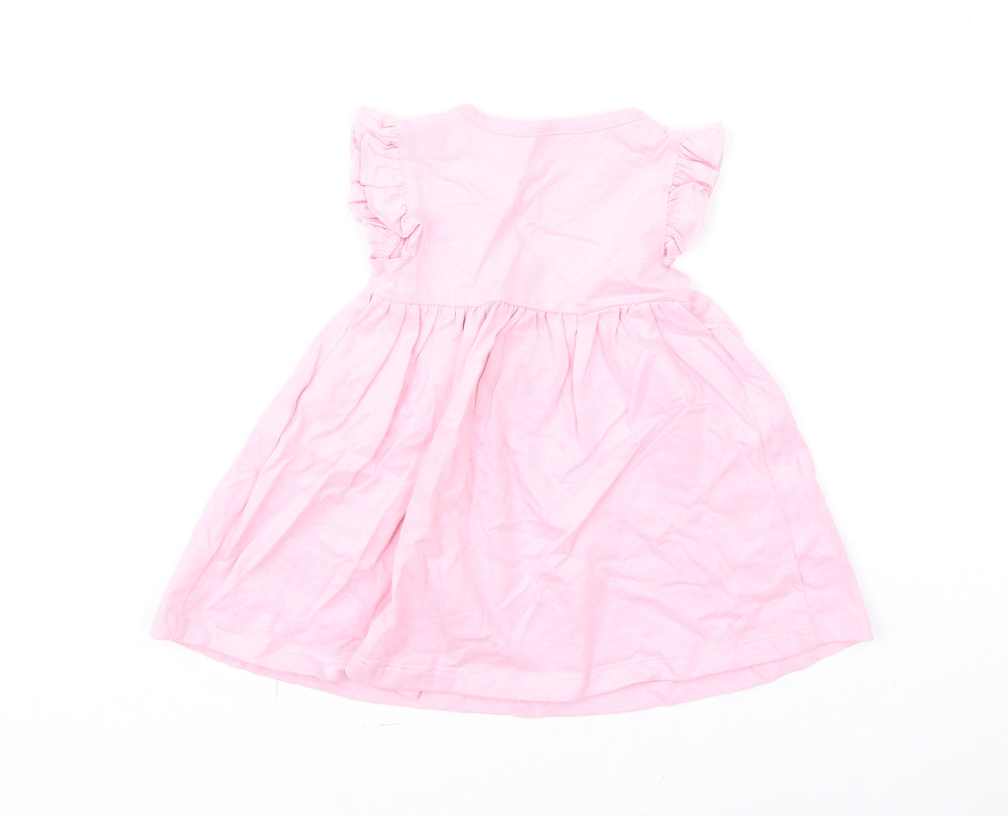 Marks and Spencer Girls Pink Cotton A-Line Size 3-6 Months Round Neck Snap - Flower, Happy, Ruffled Sleeve