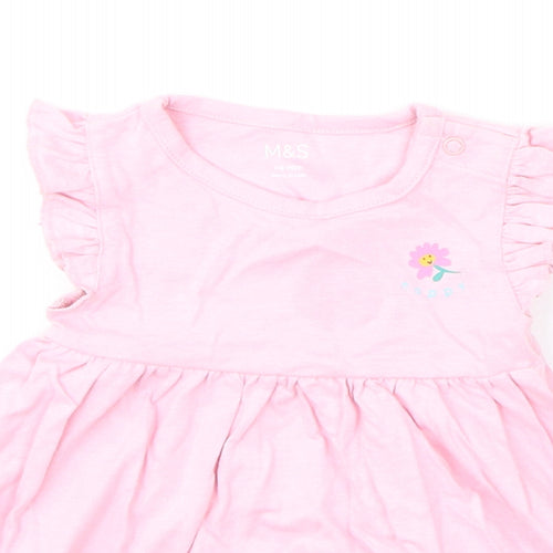 Marks and Spencer Girls Pink Cotton A-Line Size 3-6 Months Round Neck Snap - Flower, Happy, Ruffled Sleeve