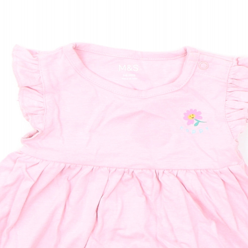 Marks and Spencer Girls Pink Cotton A-Line Size 3-6 Months Round Neck Snap - Flower, Happy, Ruffled Sleeve