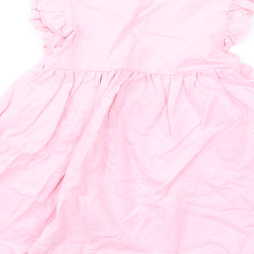 Marks and Spencer Girls Pink Cotton A-Line Size 3-6 Months Round Neck Snap - Flower, Happy, Ruffled Sleeve