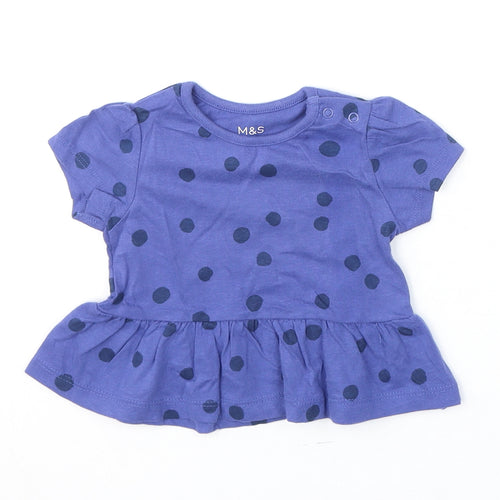 Marks and Spencer Girls Blue Polka Dot 100% Cotton Basic T-Shirt Size 0-3 Months Round Neck Snap
