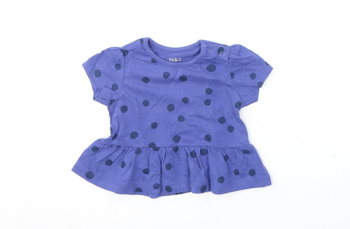 Marks and Spencer Girls Blue Polka Dot 100% Cotton Basic T-Shirt Size 0-3 Months Round Neck Snap