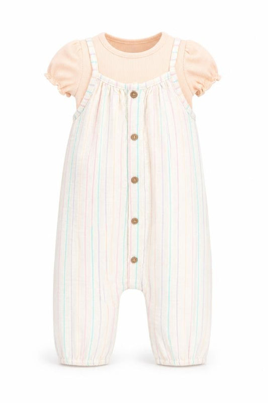 Front view of Marks & Spencer girls’ multicoloured striped viscose romper outfit/set, size 3-6, months snap