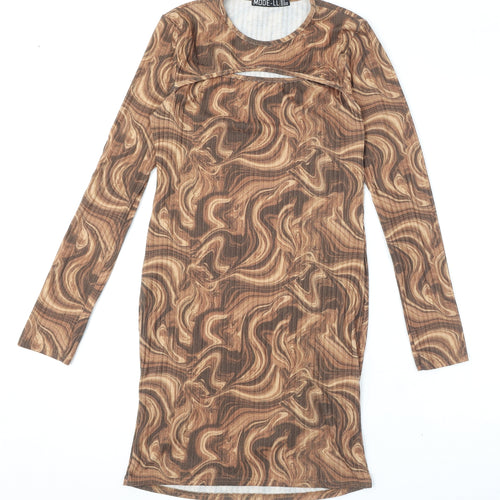 MODE-LL Womens Brown Geometric Polyester Bodycon Size 12 Round Neck Pullover - Swirl Pattern
