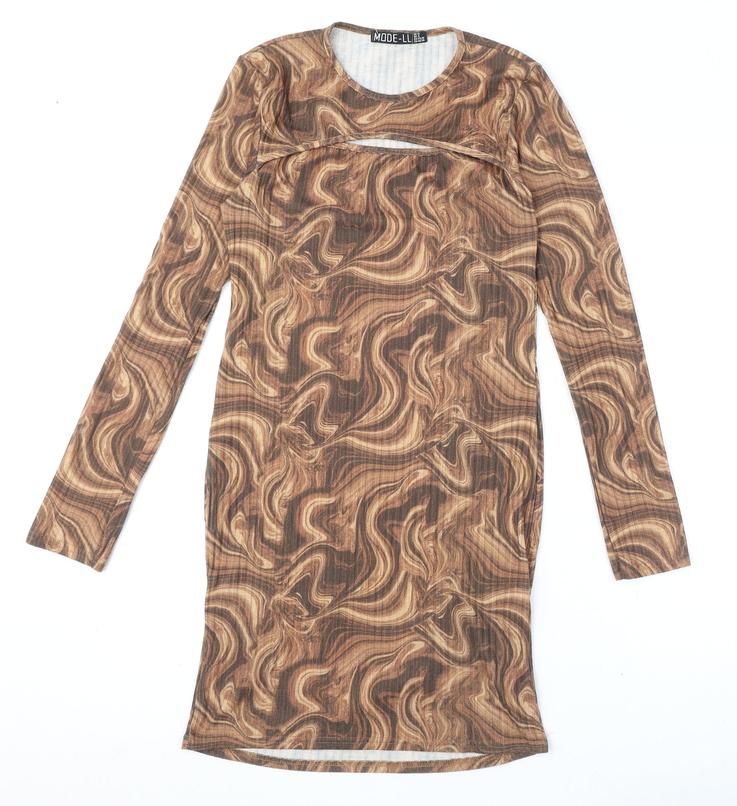 MODE-LL Womens Brown Geometric Polyester Bodycon Size 12 Round Neck Pullover - Swirl Pattern