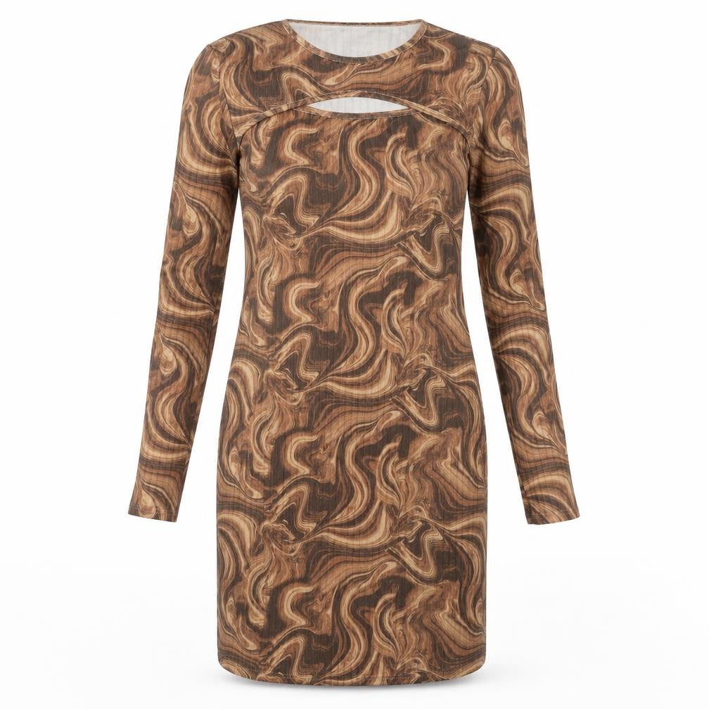 Front view of MODE-LL women’s brown geometric polyester bodycon, size UK 12, round neck pullover - swirl pattern