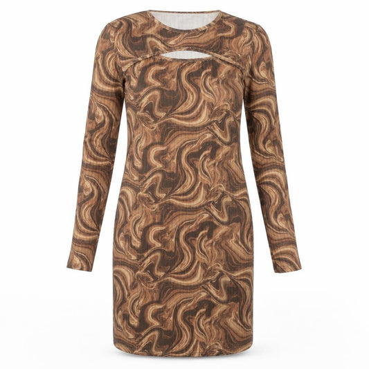 Front view of MODE-LL women’s brown geometric polyester bodycon, size UK 12, round neck pullover - swirl pattern