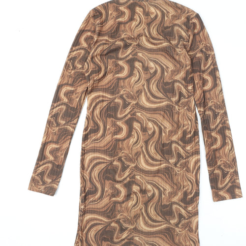 MODE-LL Womens Brown Geometric Polyester Bodycon Size 12 Round Neck Pullover - Swirl Pattern