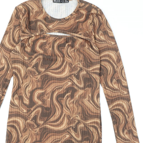 MODE-LL Womens Brown Geometric Polyester Bodycon Size 12 Round Neck Pullover - Swirl Pattern