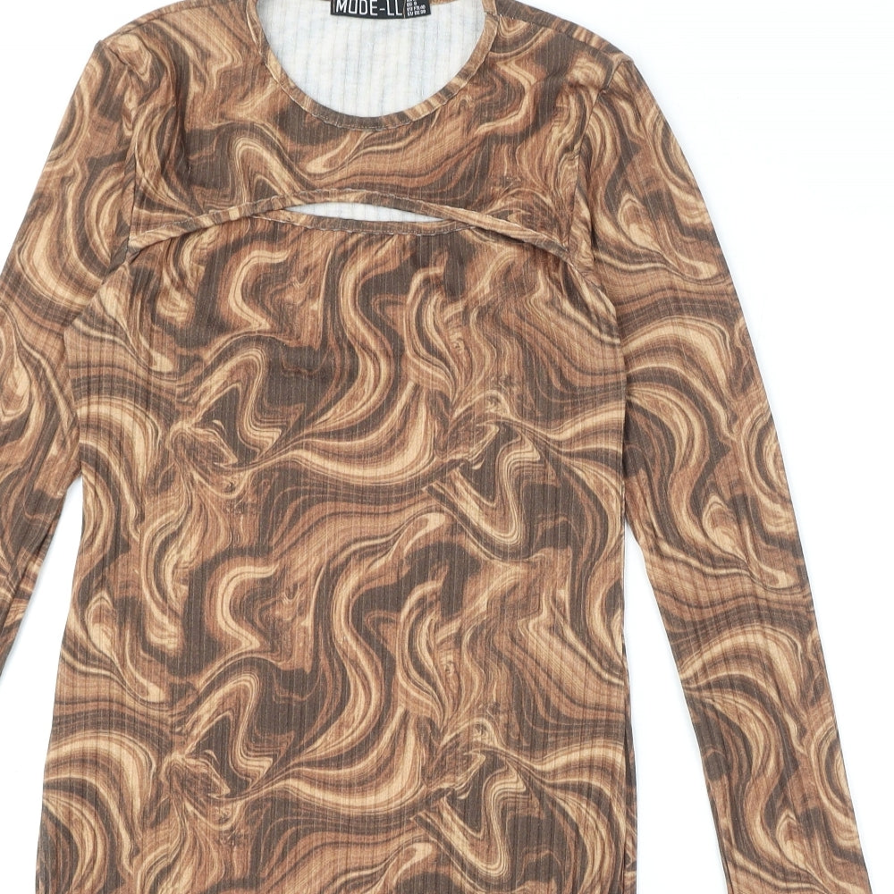 MODE-LL Womens Brown Geometric Polyester Bodycon Size 12 Round Neck Pullover - Swirl Pattern