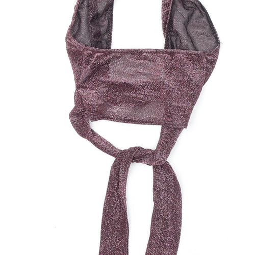 PRETTYLITTLETHING Womens Purple Polyester Cropped T-Shirt Size 4 Halter - Tie Detail, Glittery, Plunging Neckline