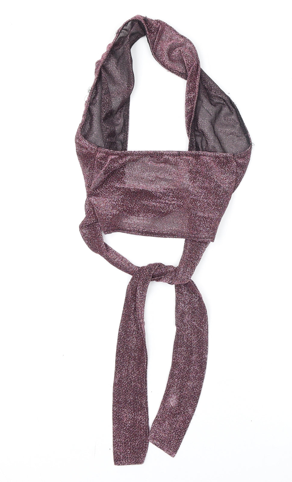 PRETTYLITTLETHING Womens Purple Polyester Cropped T-Shirt Size 4 Halter - Tie Detail, Glittery, Plunging Neckline