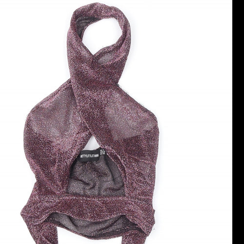 PRETTYLITTLETHING Womens Purple Polyester Cropped T-Shirt Size 4 Halter - Tie Detail, Glittery, Plunging Neckline