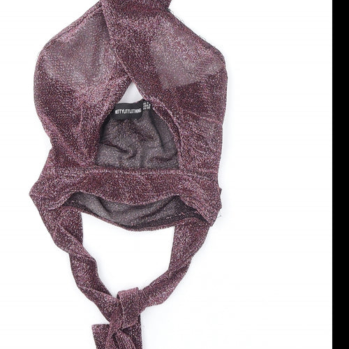 PRETTYLITTLETHING Womens Purple Polyester Cropped T-Shirt Size 4 Halter - Tie Detail, Glittery, Plunging Neckline