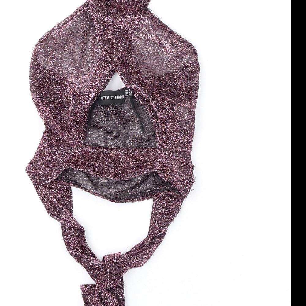 PRETTYLITTLETHING Womens Purple Polyester Cropped T-Shirt Size 4 Halter - Tie Detail, Glittery, Plunging Neckline